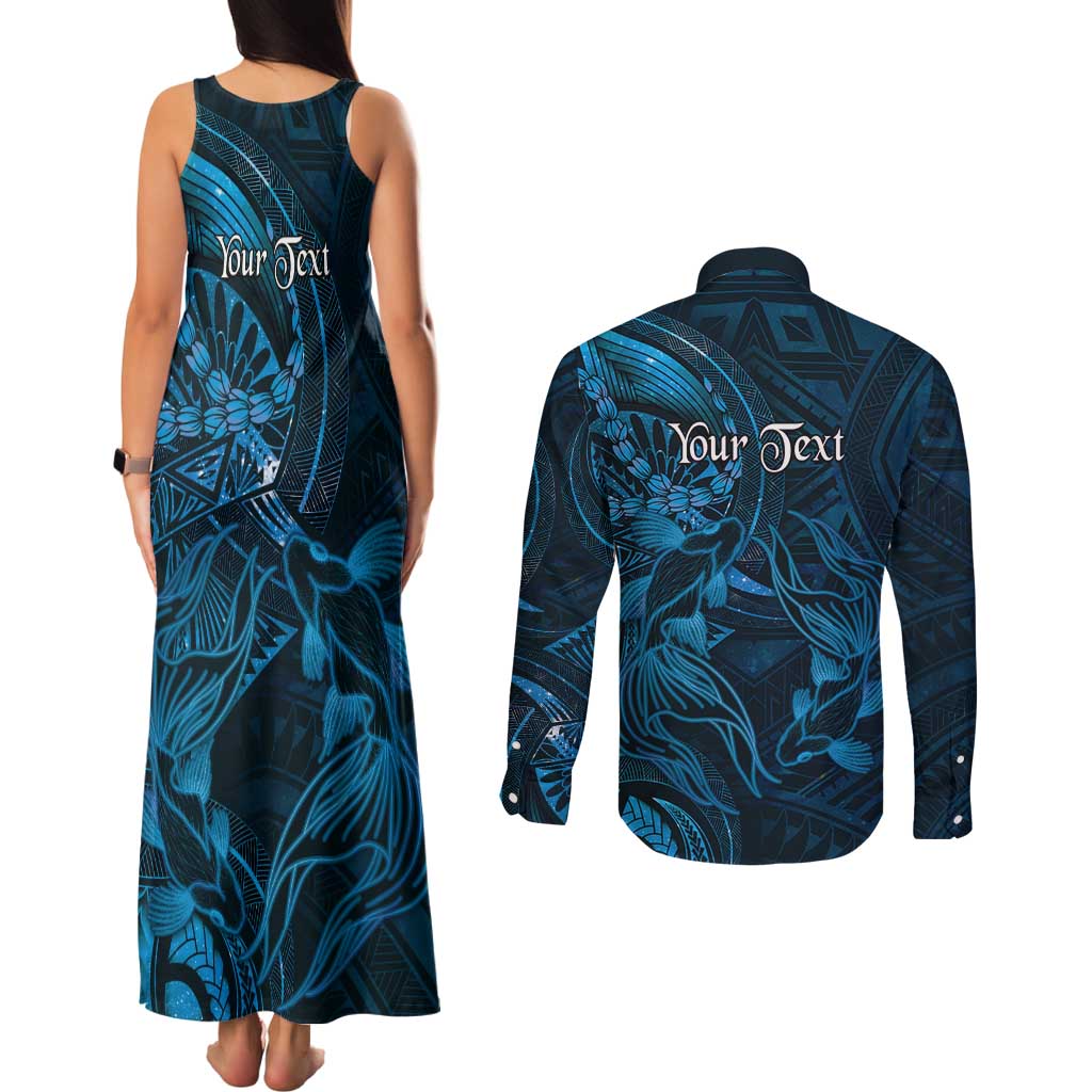 Personalised Polynesia Zodiac Pisces Couples Matching Tank Maxi Dress and Long Sleeve Button Shirt Galaxy Polynesian Pattern Chest Tattoo Style