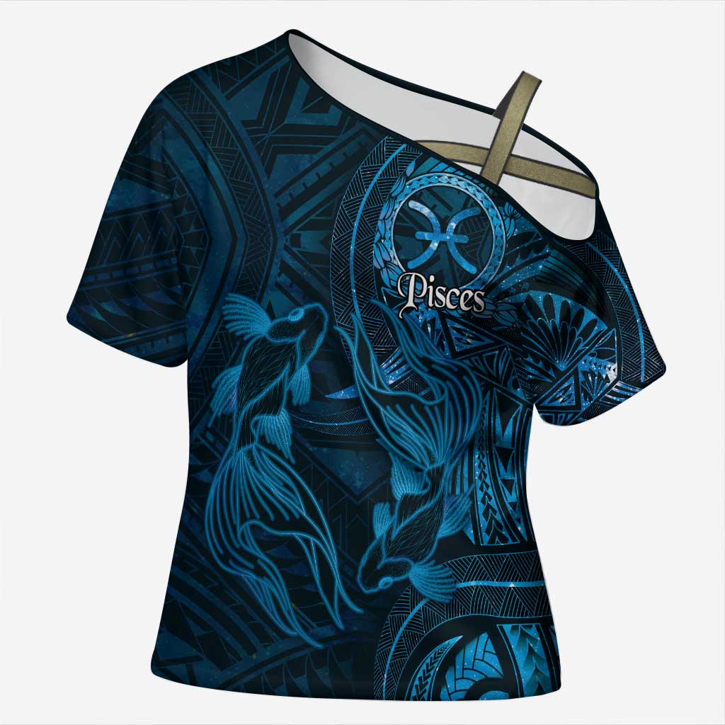 Personalised Polynesia Zodiac Pisces Cross Shoulder Shirt Galaxy Polynesian Pattern Chest Tattoo Style LT14 Female Blue - Polynesian Pride