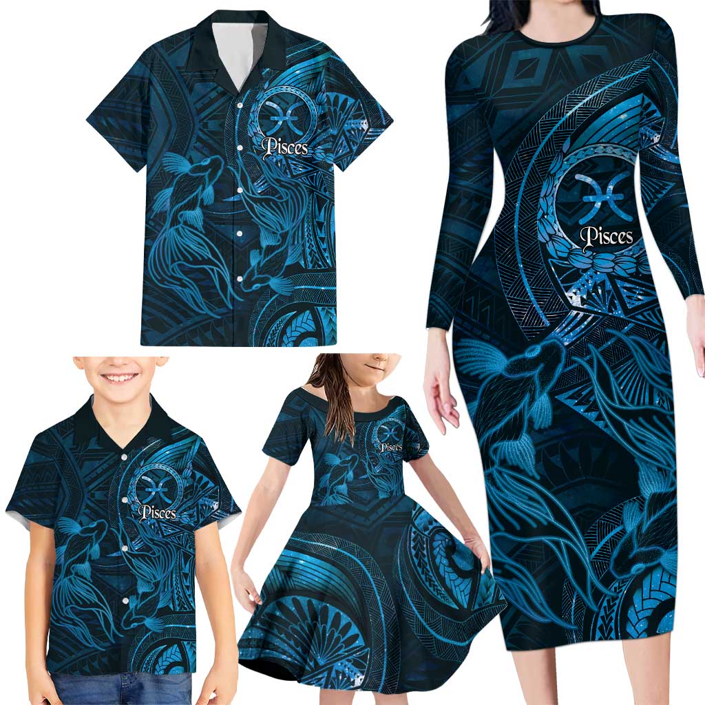 Personalised Polynesia Zodiac Pisces Family Matching Long Sleeve Bodycon Dress and Hawaiian Shirt Galaxy Polynesian Pattern Chest Tattoo Style
