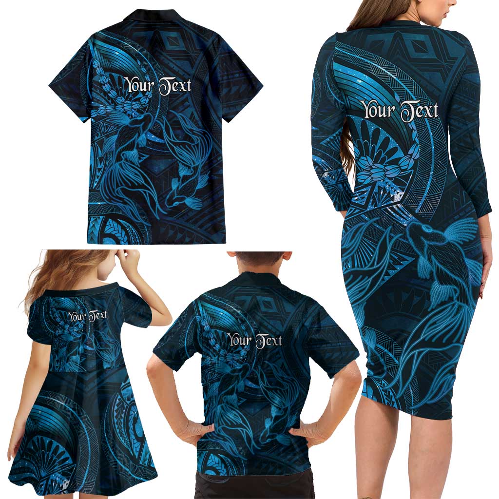 Personalised Polynesia Zodiac Pisces Family Matching Long Sleeve Bodycon Dress and Hawaiian Shirt Galaxy Polynesian Pattern Chest Tattoo Style