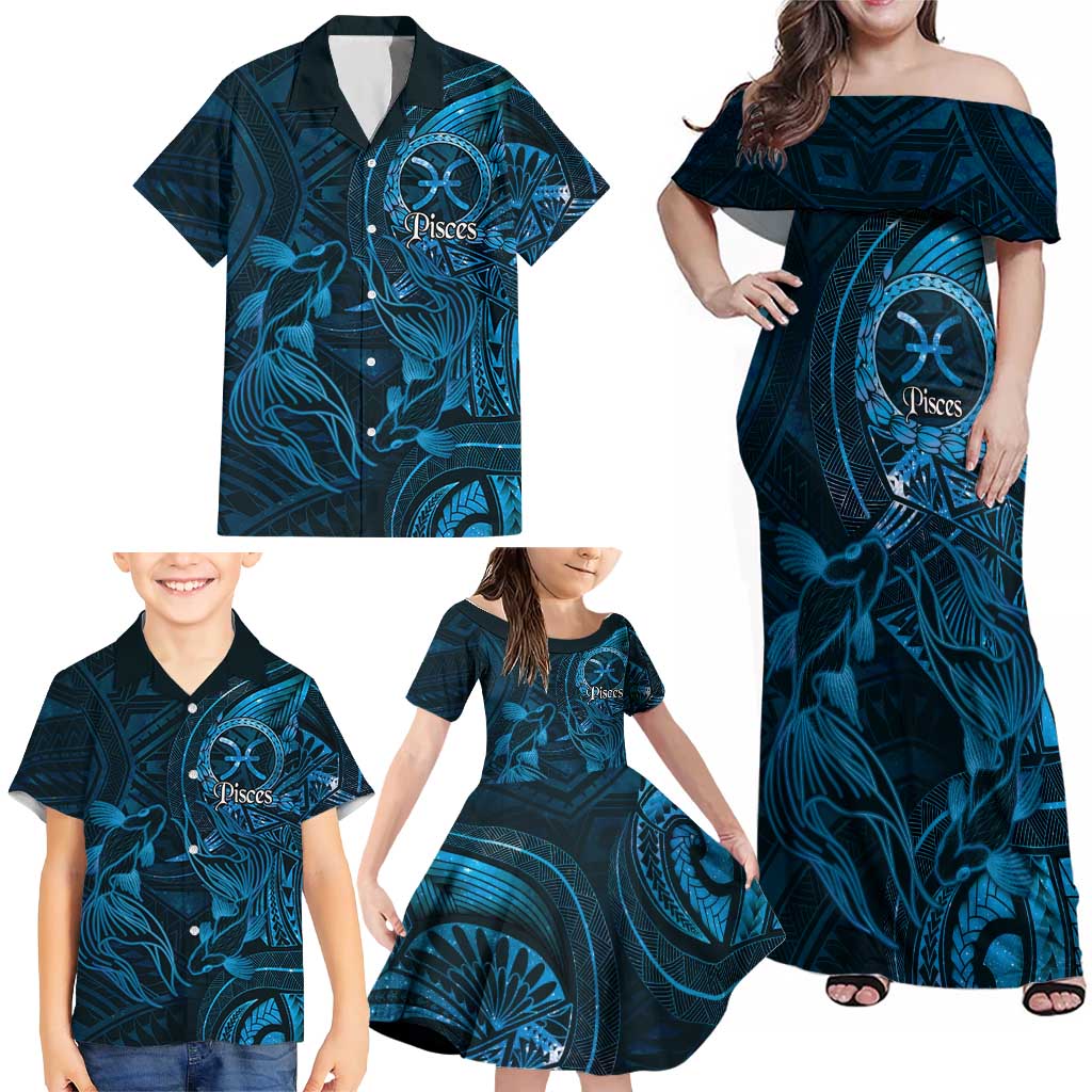Personalised Polynesia Zodiac Pisces Family Matching Off Shoulder Maxi Dress and Hawaiian Shirt Galaxy Polynesian Pattern Chest Tattoo Style