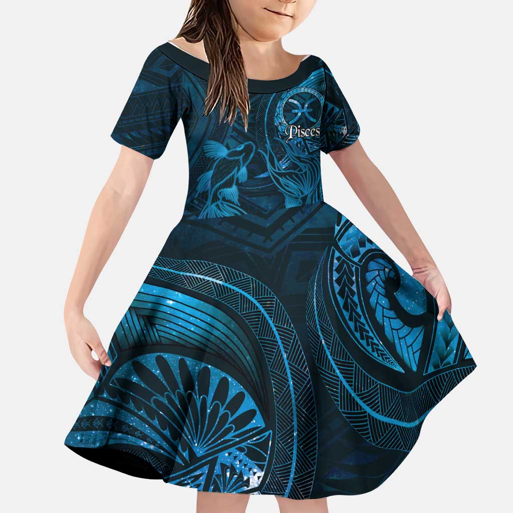 Personalised Polynesia Zodiac Pisces Family Matching Off Shoulder Short Dress and Hawaiian Shirt Galaxy Polynesian Pattern Chest Tattoo Style LT14 Daughter's Dress Blue - Polynesian Pride
