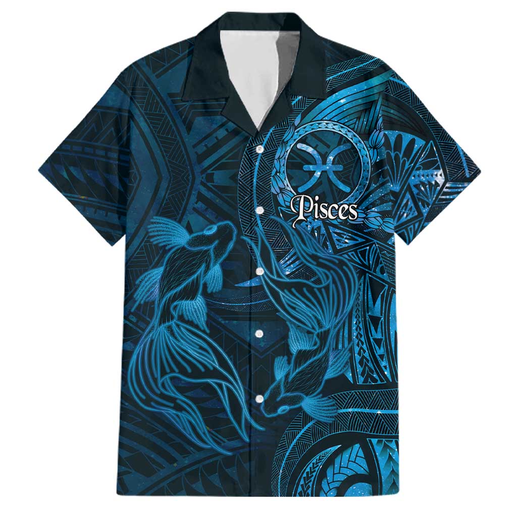 Personalised Polynesia Zodiac Pisces Family Matching Off Shoulder Short Dress and Hawaiian Shirt Galaxy Polynesian Pattern Chest Tattoo Style LT14 Dad's Shirt - Short Sleeve Blue - Polynesian Pride