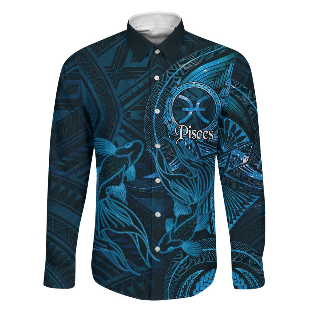 Personalised Polynesia Zodiac Pisces Family Matching Off Shoulder Short Dress and Hawaiian Shirt Galaxy Polynesian Pattern Chest Tattoo Style LT14 Dad's Shirt - Long Sleeve Blue - Polynesian Pride