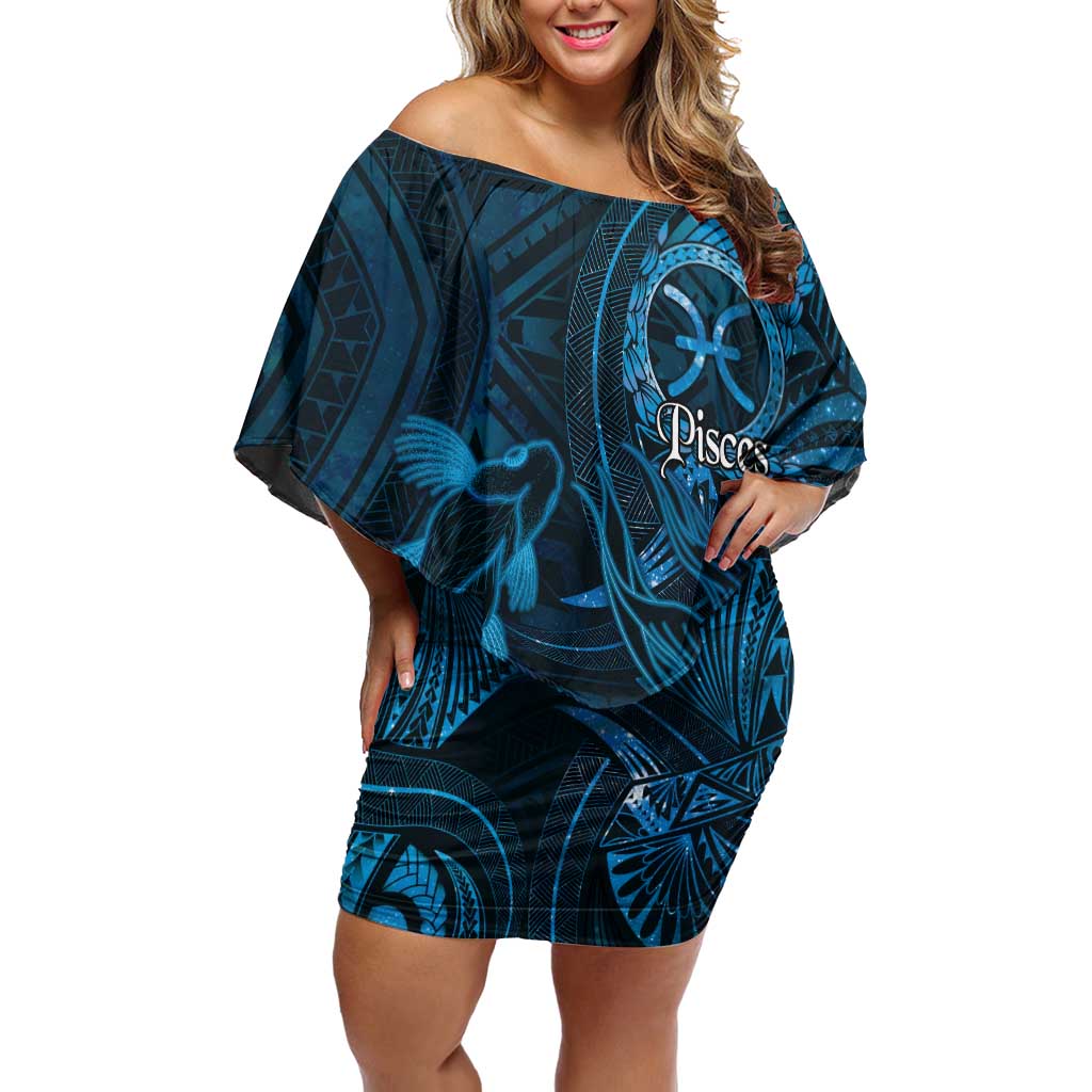 Personalised Polynesia Zodiac Pisces Family Matching Off Shoulder Short Dress and Hawaiian Shirt Galaxy Polynesian Pattern Chest Tattoo Style LT14 Mom's Dress Blue - Polynesian Pride