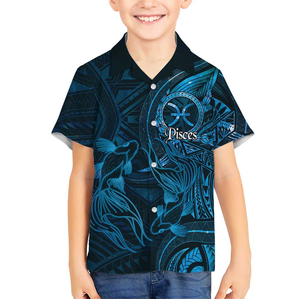 Personalised Polynesia Zodiac Pisces Family Matching Off Shoulder Short Dress and Hawaiian Shirt Galaxy Polynesian Pattern Chest Tattoo Style LT14 Son's Shirt Blue - Polynesian Pride