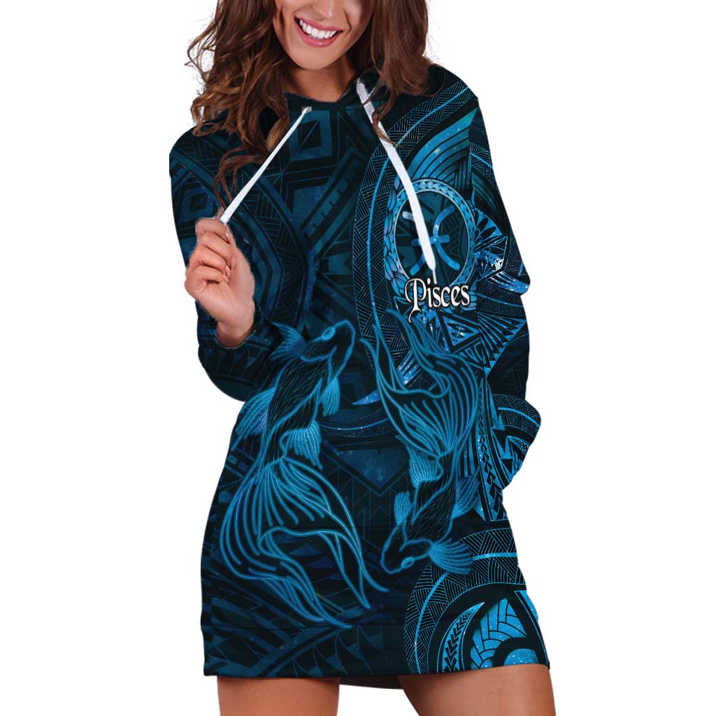 Personalised Polynesia Zodiac Pisces Hoodie Dress Galaxy Polynesian Pattern Chest Tattoo Style