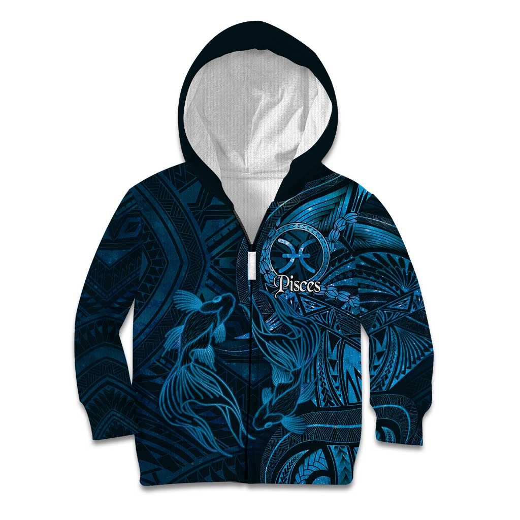 Personalised Polynesia Zodiac Pisces Kid Hoodie Galaxy Polynesian Pattern Chest Tattoo Style LT14 Zip Hoodie Blue - Polynesian Pride