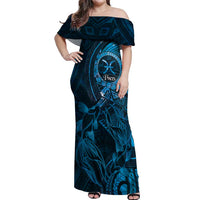Personalised Polynesia Zodiac Pisces Off Shoulder Maxi Dress Galaxy Polynesian Pattern Chest Tattoo Style LT14 Women Blue - Polynesian Pride
