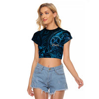 Personalised Polynesia Zodiac Pisces Raglan Cropped T Shirt Galaxy Polynesian Pattern Chest Tattoo Style LT14 Female Blue - Polynesian Pride