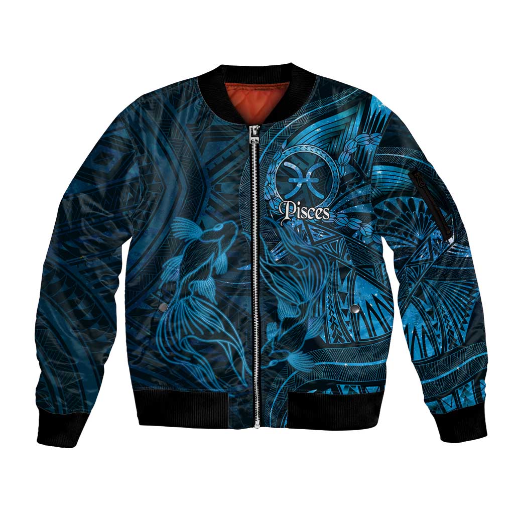 Personalised Polynesia Zodiac Pisces Sleeve Zip Bomber Jacket Galaxy Polynesian Pattern Chest Tattoo Style