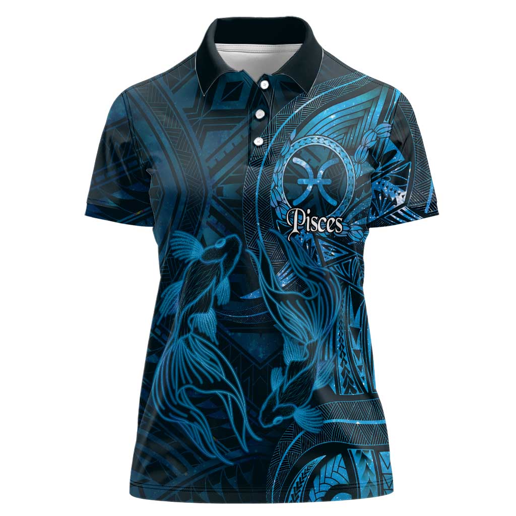 Personalised Polynesia Zodiac Pisces Women Polo Shirt Galaxy Polynesian Pattern Chest Tattoo Style LT14 Female Blue - Polynesian Pride