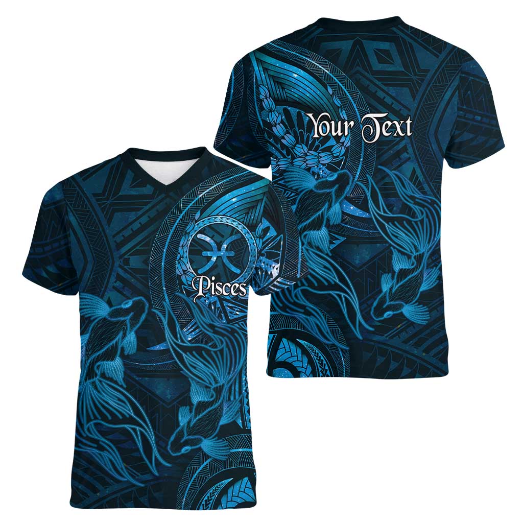Personalised Polynesia Zodiac Pisces Women V-Neck T-Shirt Galaxy Polynesian Pattern Chest Tattoo Style LT14 - Polynesian Pride