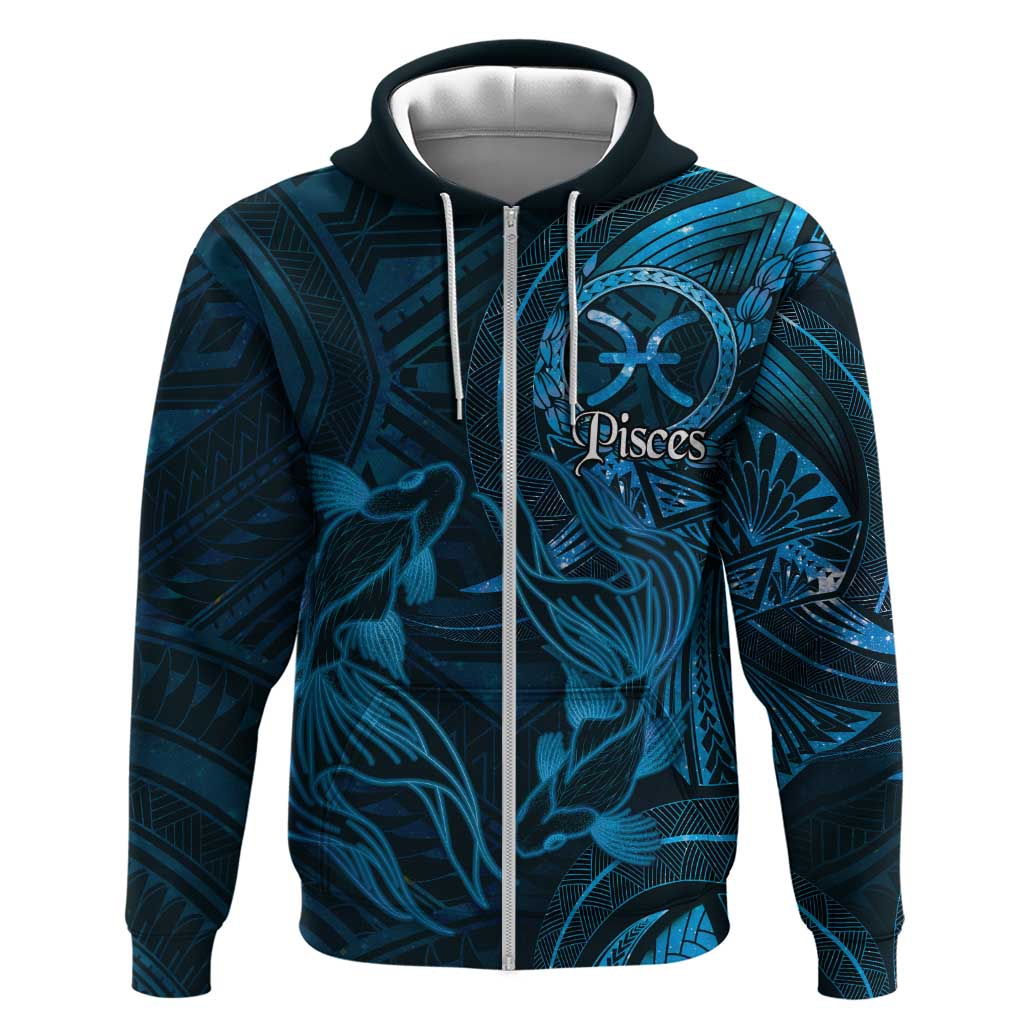 Personalised Polynesia Zodiac Pisces Zip Hoodie Galaxy Polynesian Pattern Chest Tattoo Style LT14 Zip Hoodie Blue - Polynesian Pride