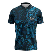 Personalised Polynesia Zodiac Pisces Zipper Polo Shirt Galaxy Polynesian Pattern Chest Tattoo Style LT14 Blue - Polynesian Pride