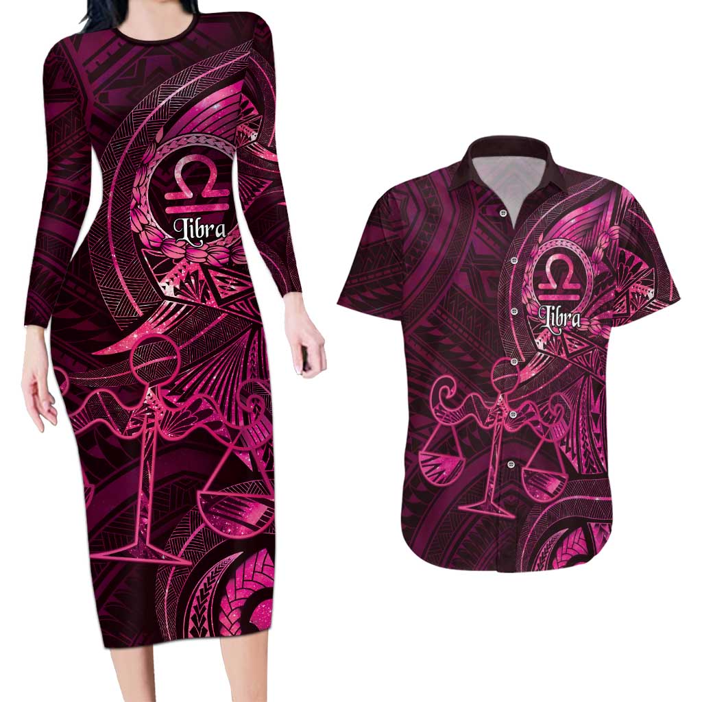 Personalised Polynesia Zodiac Libra Couples Matching Long Sleeve Bodycon Dress and Hawaiian Shirt Galaxy Polynesian Pattern Chest Tattoo Style LT14 Pink - Polynesian Pride