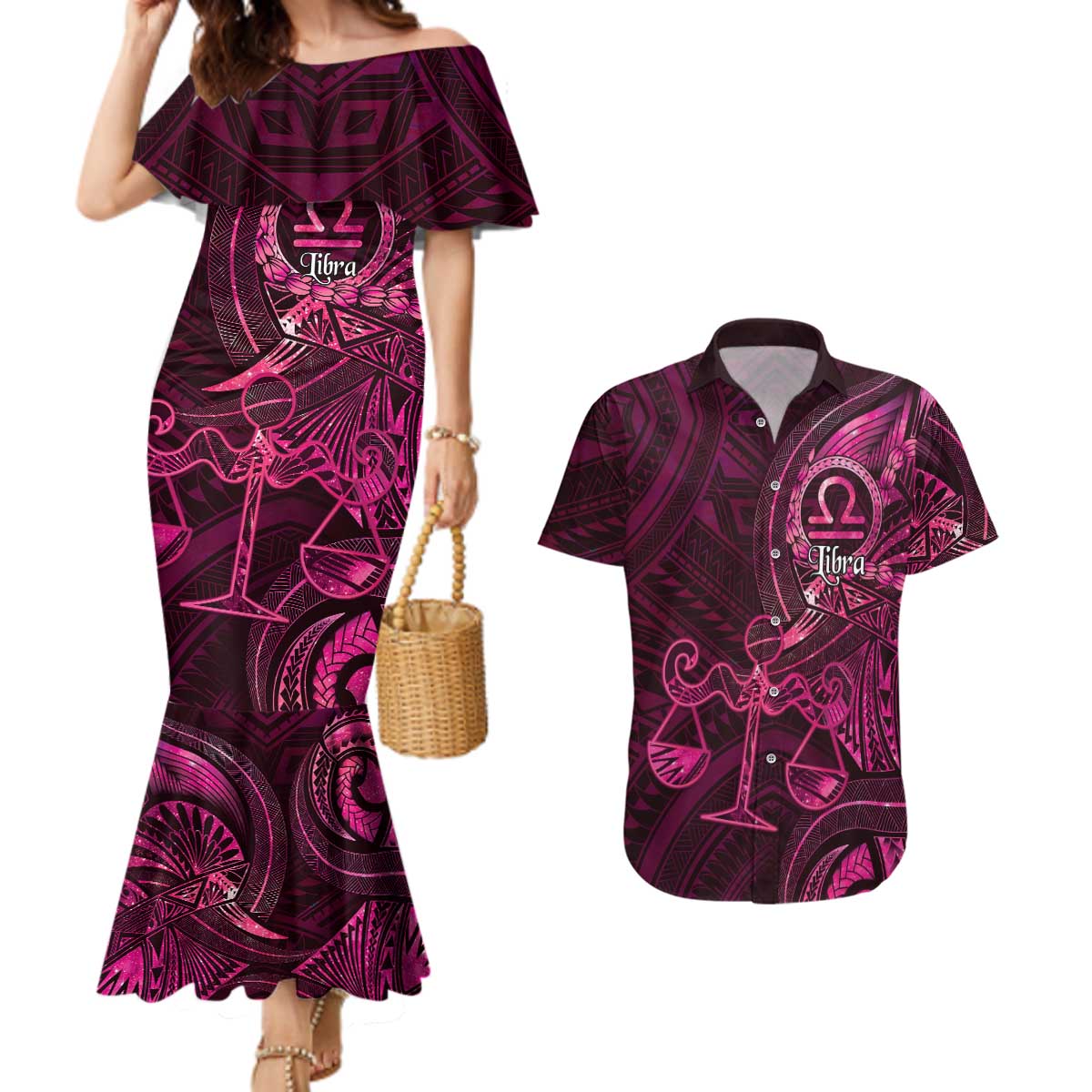 Personalised Polynesia Zodiac Libra Couples Matching Mermaid Dress and Hawaiian Shirt Galaxy Polynesian Pattern Chest Tattoo Style