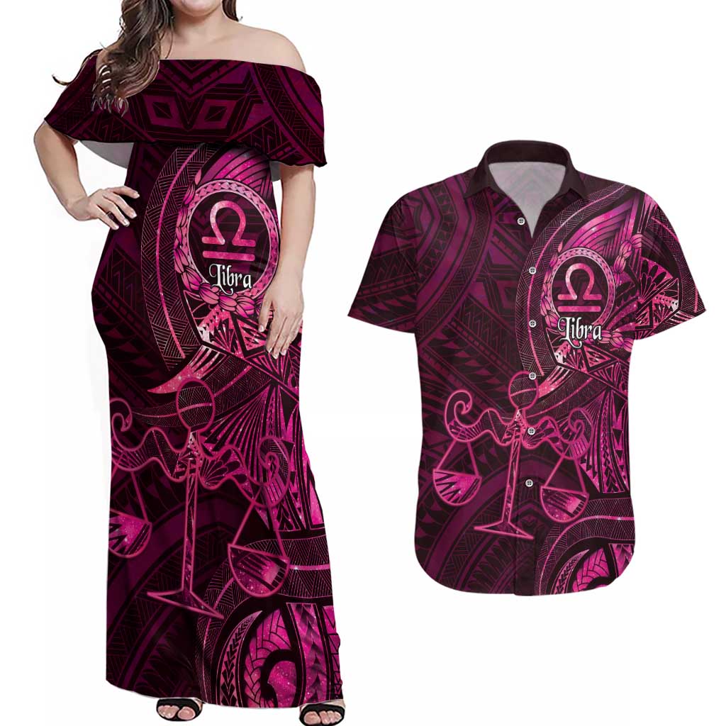 Personalised Polynesia Zodiac Libra Couples Matching Off Shoulder Maxi Dress and Hawaiian Shirt Galaxy Polynesian Pattern Chest Tattoo Style LT14 Pink - Polynesian Pride