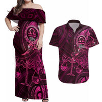 Personalised Polynesia Zodiac Libra Couples Matching Off Shoulder Maxi Dress and Hawaiian Shirt Galaxy Polynesian Pattern Chest Tattoo Style LT14 Pink - Polynesian Pride