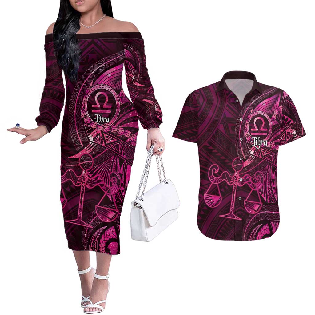 Personalised Polynesia Zodiac Libra Couples Matching Off The Shoulder Long Sleeve Dress and Hawaiian Shirt Galaxy Polynesian Pattern Chest Tattoo Style LT14 Pink - Polynesian Pride