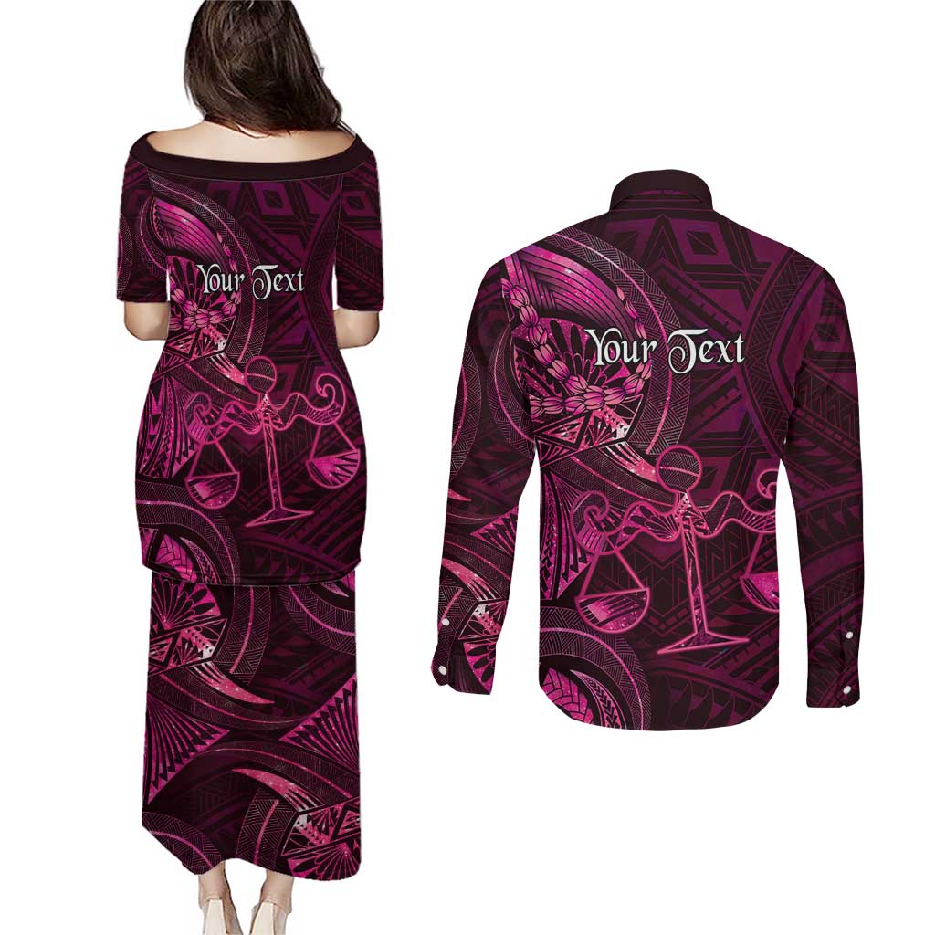 Personalised Polynesia Zodiac Libra Couples Matching Puletasi and Long Sleeve Button Shirt Galaxy Polynesian Pattern Chest Tattoo Style