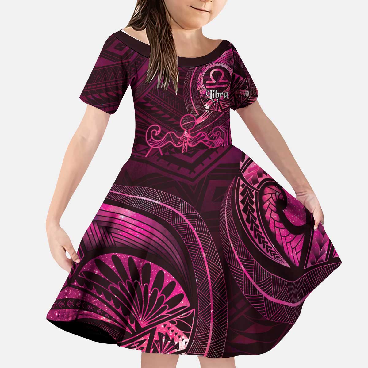 Personalised Polynesia Zodiac Libra Kid Short Sleeve Dress Galaxy Polynesian Pattern Chest Tattoo Style