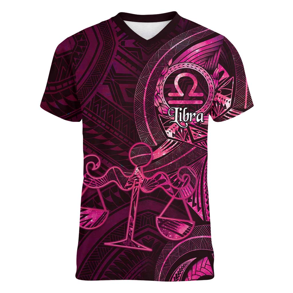 Personalised Polynesia Zodiac Libra Women V-Neck T-Shirt Galaxy Polynesian Pattern Chest Tattoo Style LT14 Female Pink - Polynesian Pride