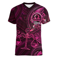 Personalised Polynesia Zodiac Libra Women V-Neck T-Shirt Galaxy Polynesian Pattern Chest Tattoo Style LT14 Female Pink - Polynesian Pride