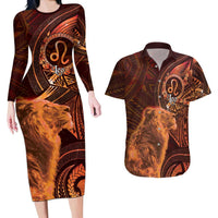 Personalised Polynesia Zodiac Leo Couples Matching Long Sleeve Bodycon Dress and Hawaiian Shirt Galaxy Polynesian Pattern Chest Tattoo Style
