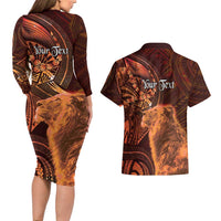 Personalised Polynesia Zodiac Leo Couples Matching Long Sleeve Bodycon Dress and Hawaiian Shirt Galaxy Polynesian Pattern Chest Tattoo Style