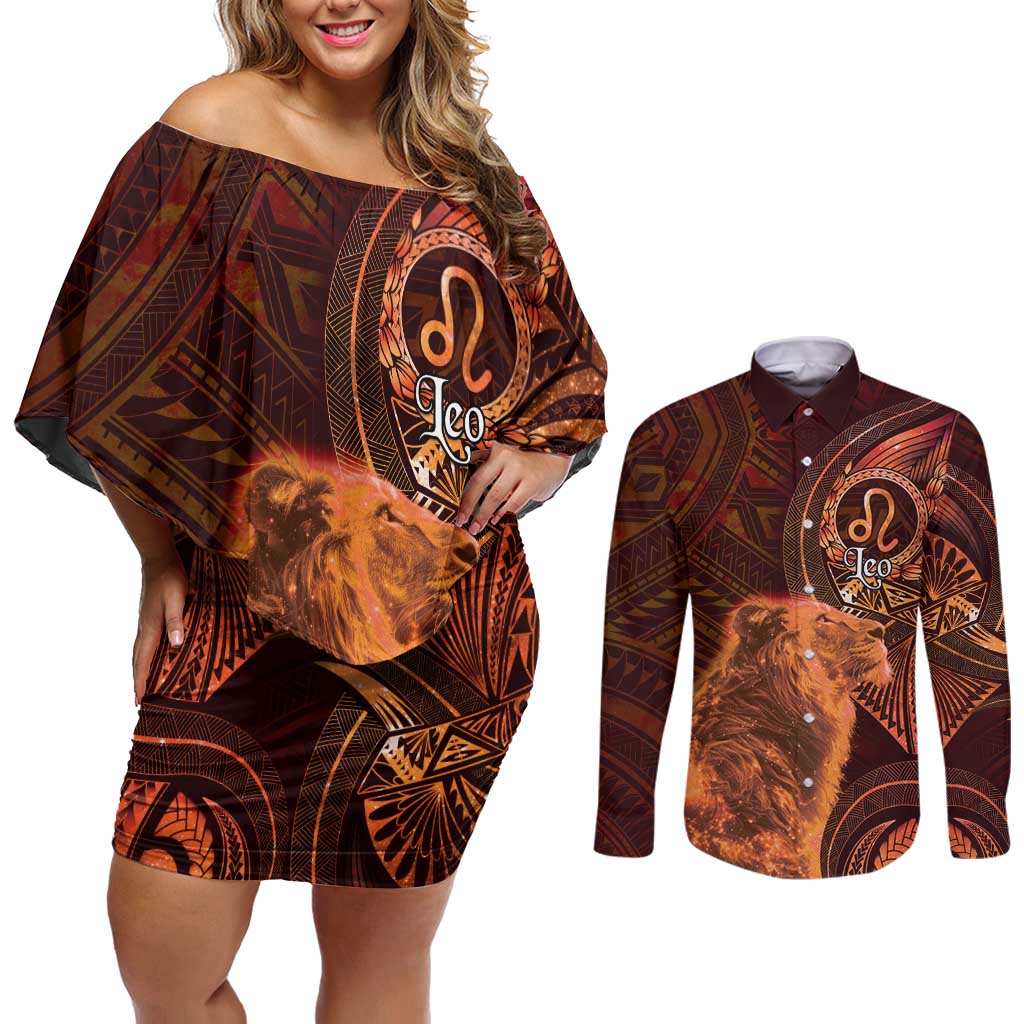 Personalised Polynesia Zodiac Leo Couples Matching Off Shoulder Short Dress and Long Sleeve Button Shirt Galaxy Polynesian Pattern Chest Tattoo Style
