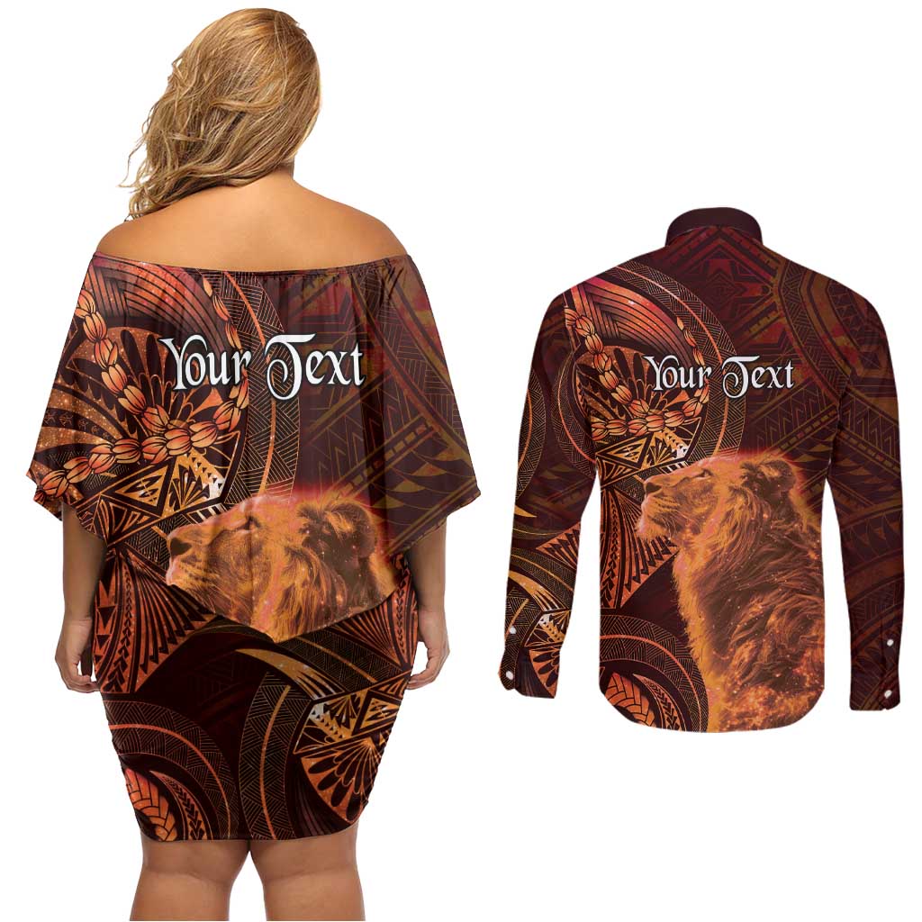 Personalised Polynesia Zodiac Leo Couples Matching Off Shoulder Short Dress and Long Sleeve Button Shirt Galaxy Polynesian Pattern Chest Tattoo Style