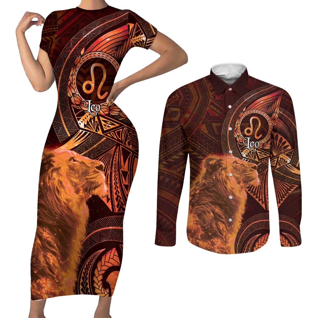 Personalised Polynesia Zodiac Leo Couples Matching Short Sleeve Bodycon Dress and Long Sleeve Button Shirt Galaxy Polynesian Pattern Chest Tattoo Style