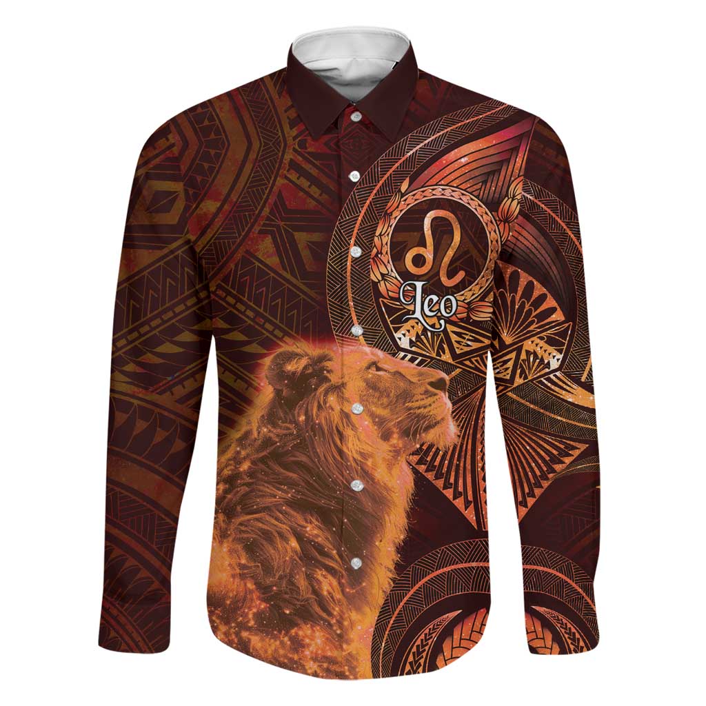 Personalised Polynesia Zodiac Leo Family Matching Tank Maxi Dress and Hawaiian Shirt Galaxy Polynesian Pattern Chest Tattoo Style LT14 Dad's Shirt - Long Sleeve Orange - Polynesian Pride