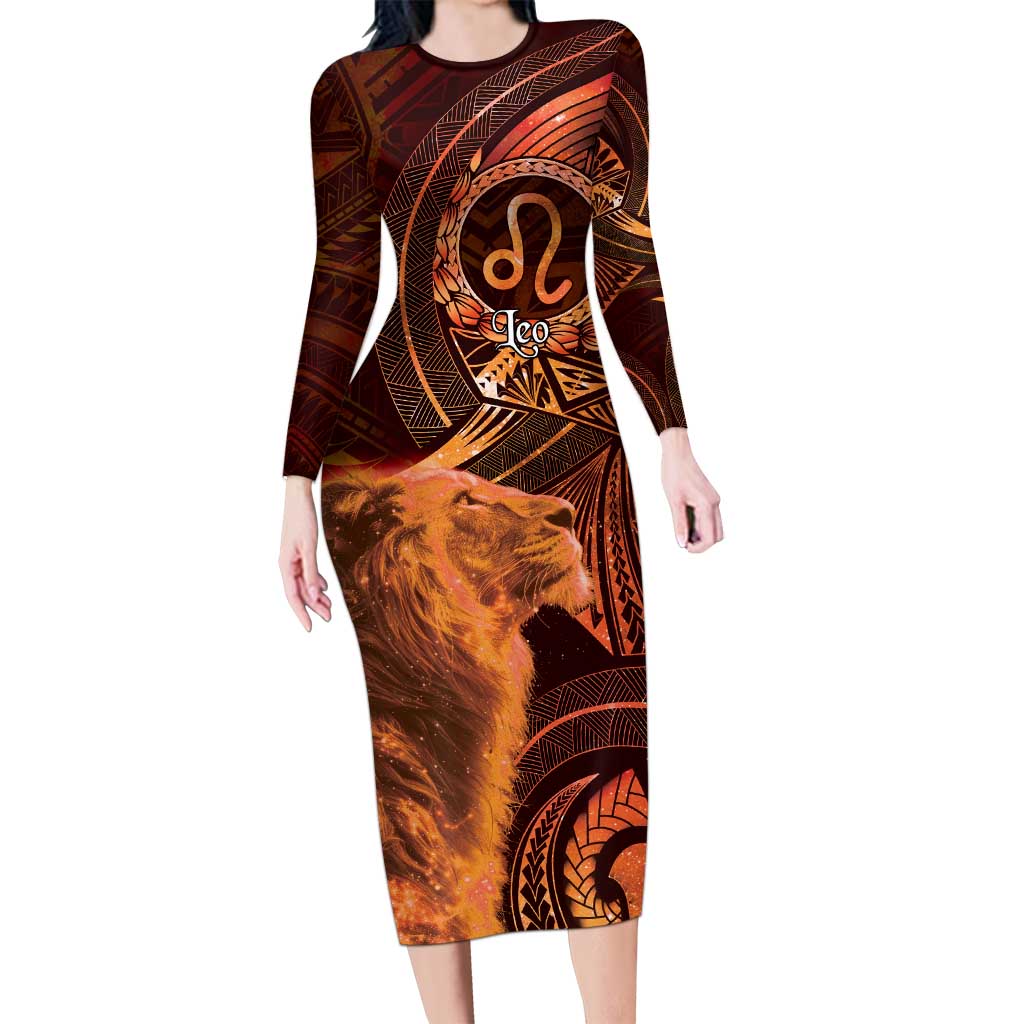 Personalised Polynesia Zodiac Leo Long Sleeve Bodycon Dress Galaxy Polynesian Pattern Chest Tattoo Style