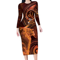 Personalised Polynesia Zodiac Leo Long Sleeve Bodycon Dress Galaxy Polynesian Pattern Chest Tattoo Style