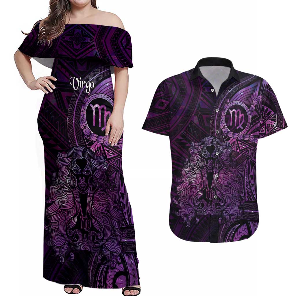 Personalised Polynesia Zodiac Virgo Couples Matching Off Shoulder Maxi Dress and Hawaiian Shirt Galaxy Polynesian Pattern Chest Tattoo Style