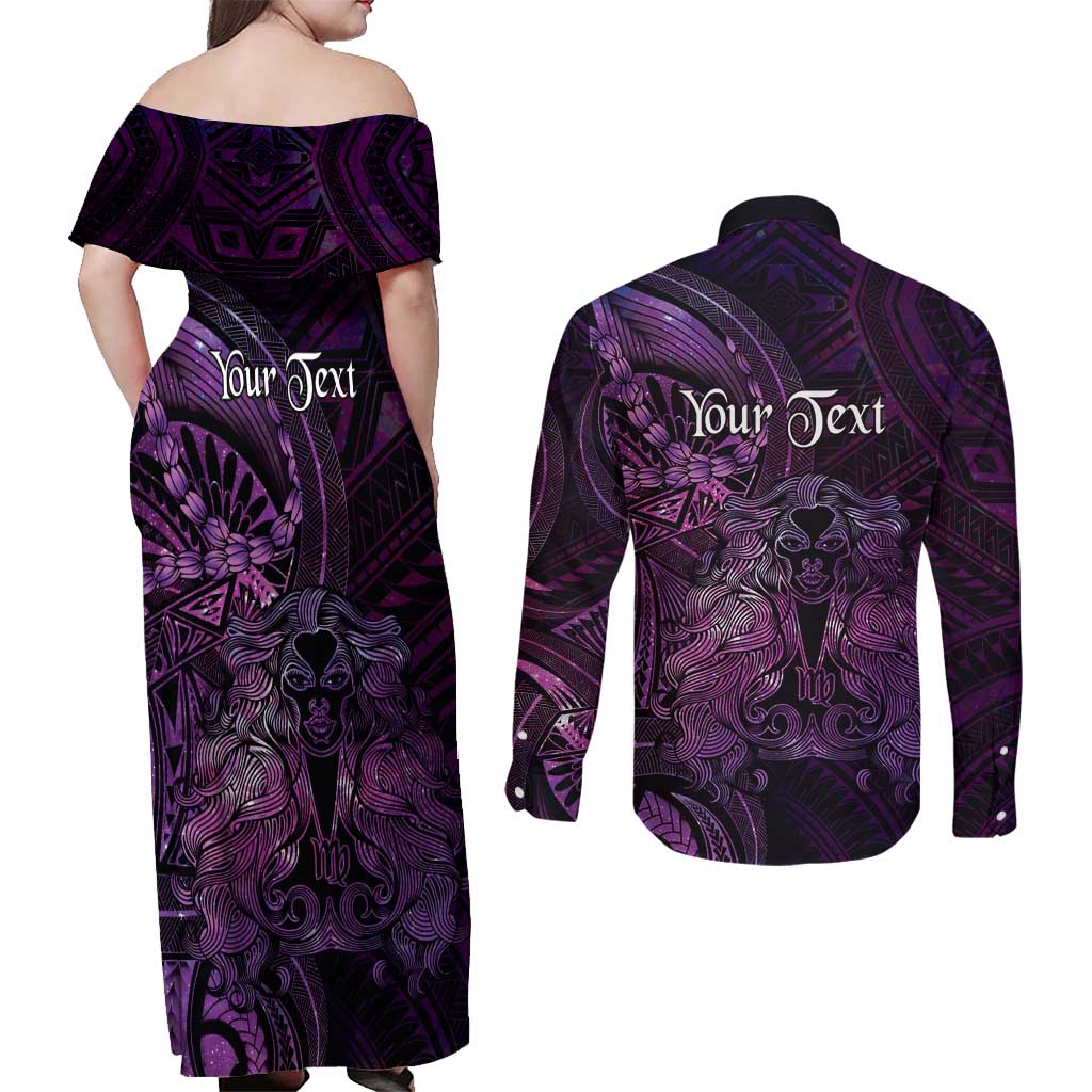 Personalised Polynesia Zodiac Virgo Couples Matching Off Shoulder Maxi Dress and Long Sleeve Button Shirt Galaxy Polynesian Pattern Chest Tattoo Style