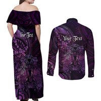 Personalised Polynesia Zodiac Virgo Couples Matching Off Shoulder Maxi Dress and Long Sleeve Button Shirt Galaxy Polynesian Pattern Chest Tattoo Style