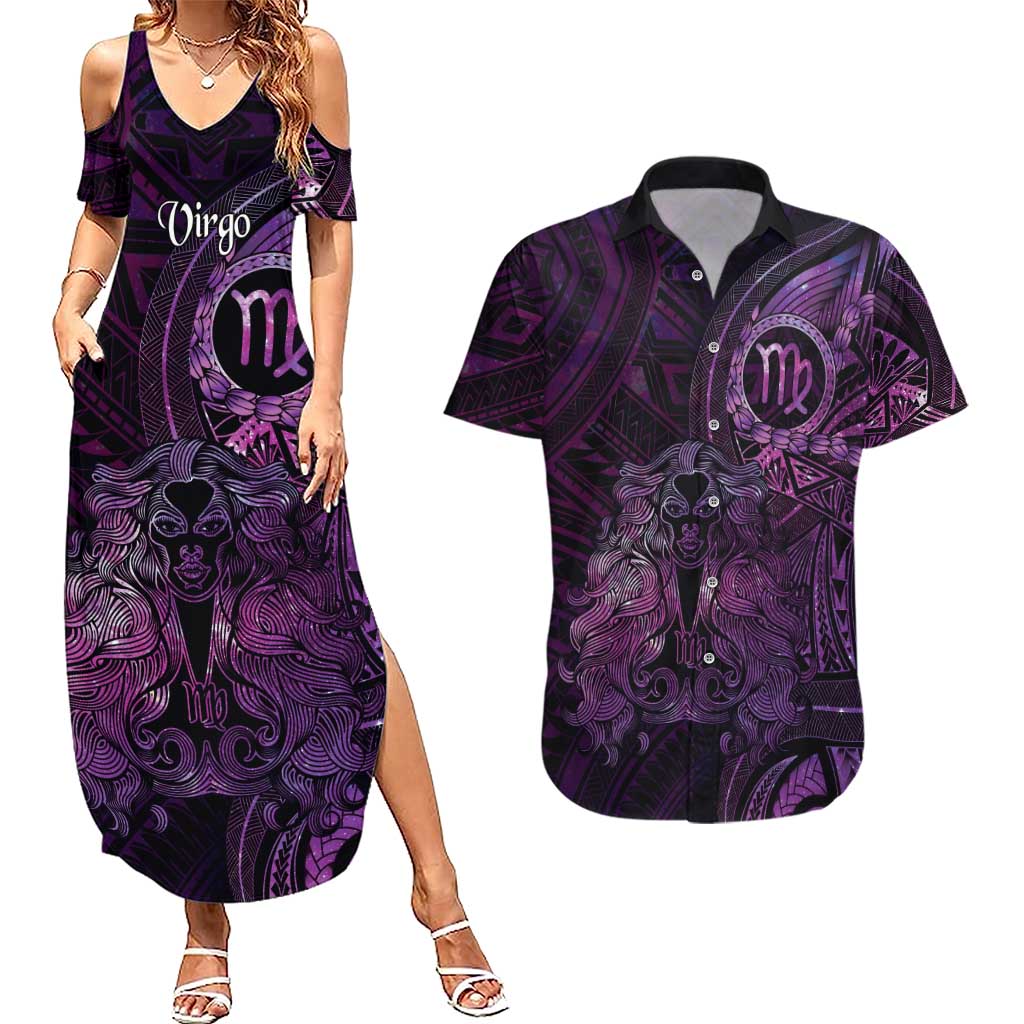 Personalised Polynesia Zodiac Virgo Couples Matching Summer Maxi Dress and Hawaiian Shirt Galaxy Polynesian Pattern Chest Tattoo Style