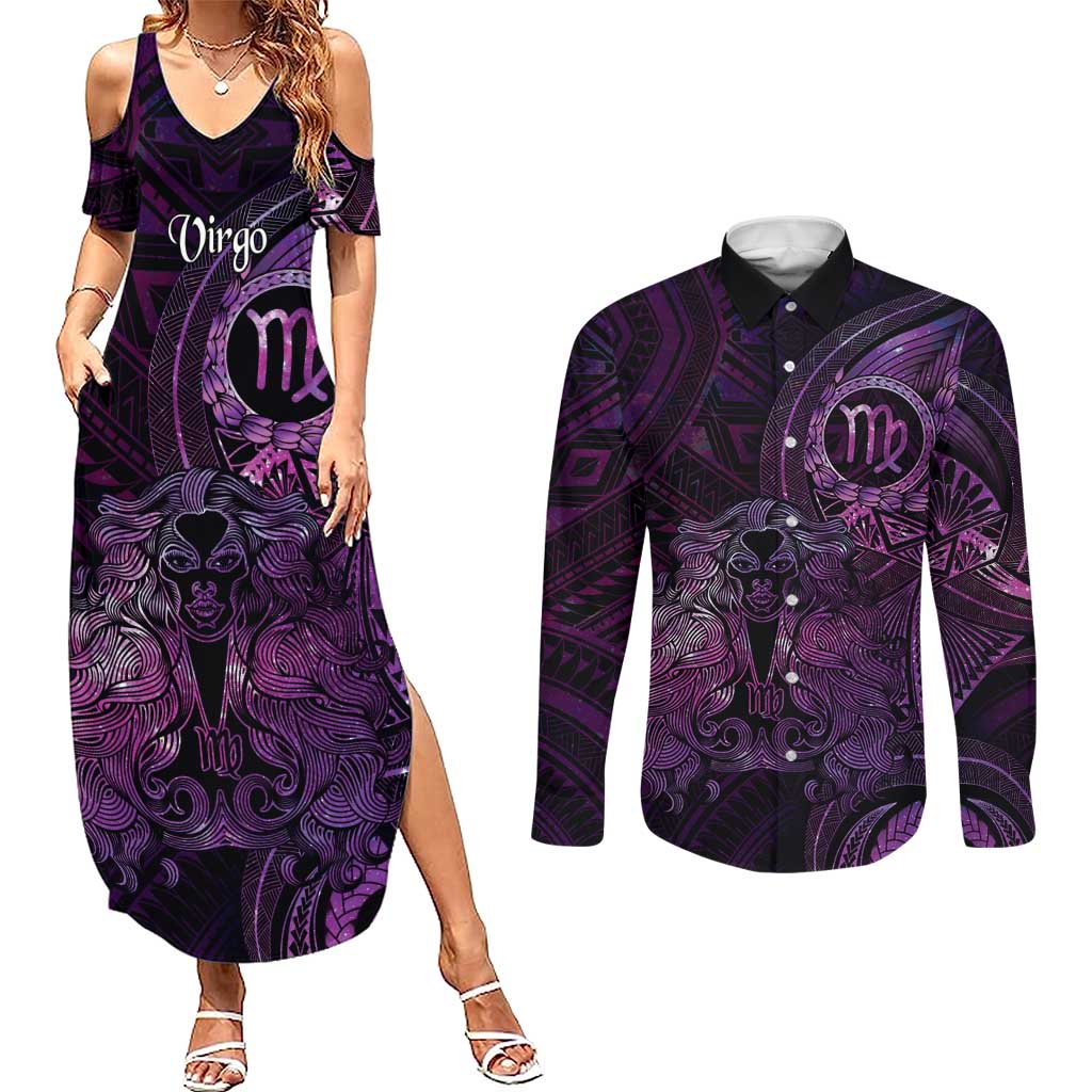 Personalised Polynesia Zodiac Virgo Couples Matching Summer Maxi Dress and Long Sleeve Button Shirt Galaxy Polynesian Pattern Chest Tattoo Style
