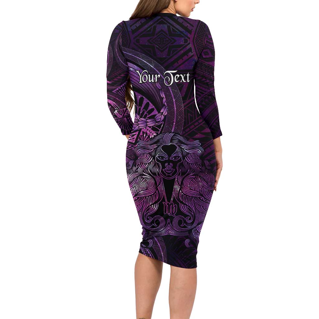 Personalised Polynesia Zodiac Virgo Family Matching Long Sleeve Bodycon Dress and Hawaiian Shirt Galaxy Polynesian Pattern Chest Tattoo Style