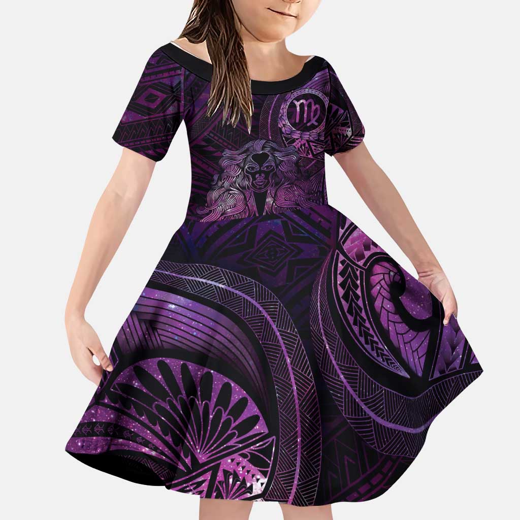 Personalised Polynesia Zodiac Virgo Family Matching Tank Maxi Dress and Hawaiian Shirt Galaxy Polynesian Pattern Chest Tattoo Style LT14 Daughter's Dress Purple - Polynesian Pride