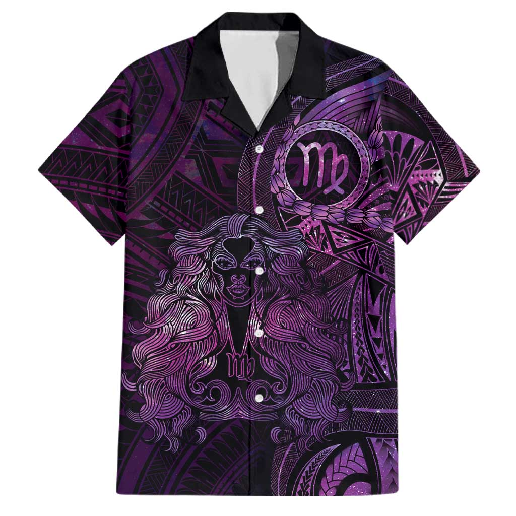 Personalised Polynesia Zodiac Virgo Family Matching Tank Maxi Dress and Hawaiian Shirt Galaxy Polynesian Pattern Chest Tattoo Style LT14 Dad's Shirt - Short Sleeve Purple - Polynesian Pride