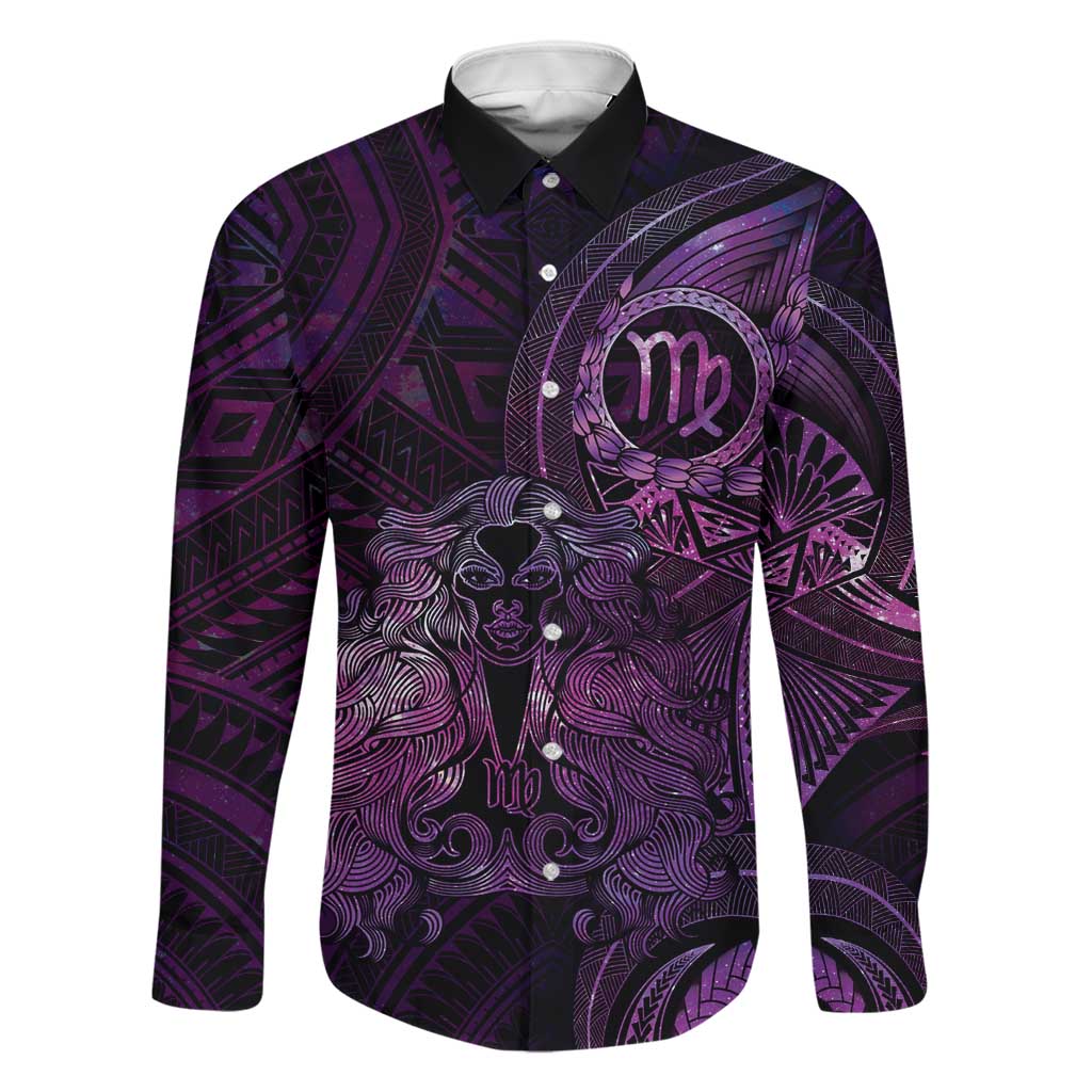 Personalised Polynesia Zodiac Virgo Family Matching Tank Maxi Dress and Hawaiian Shirt Galaxy Polynesian Pattern Chest Tattoo Style LT14 Dad's Shirt - Long Sleeve Purple - Polynesian Pride