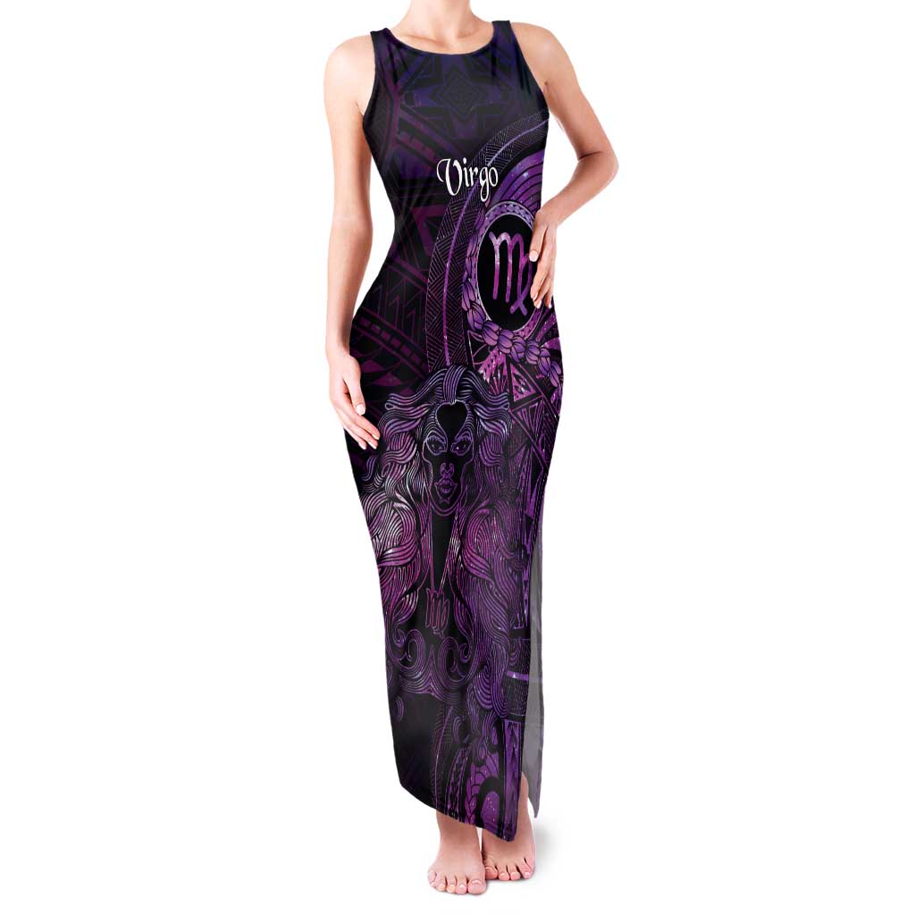 Personalised Polynesia Zodiac Virgo Family Matching Tank Maxi Dress and Hawaiian Shirt Galaxy Polynesian Pattern Chest Tattoo Style LT14 Mom's Dress Purple - Polynesian Pride