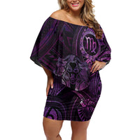 Personalised Polynesia Zodiac Virgo Off Shoulder Short Dress Galaxy Polynesian Pattern Chest Tattoo Style LT14 Women Purple - Polynesian Pride