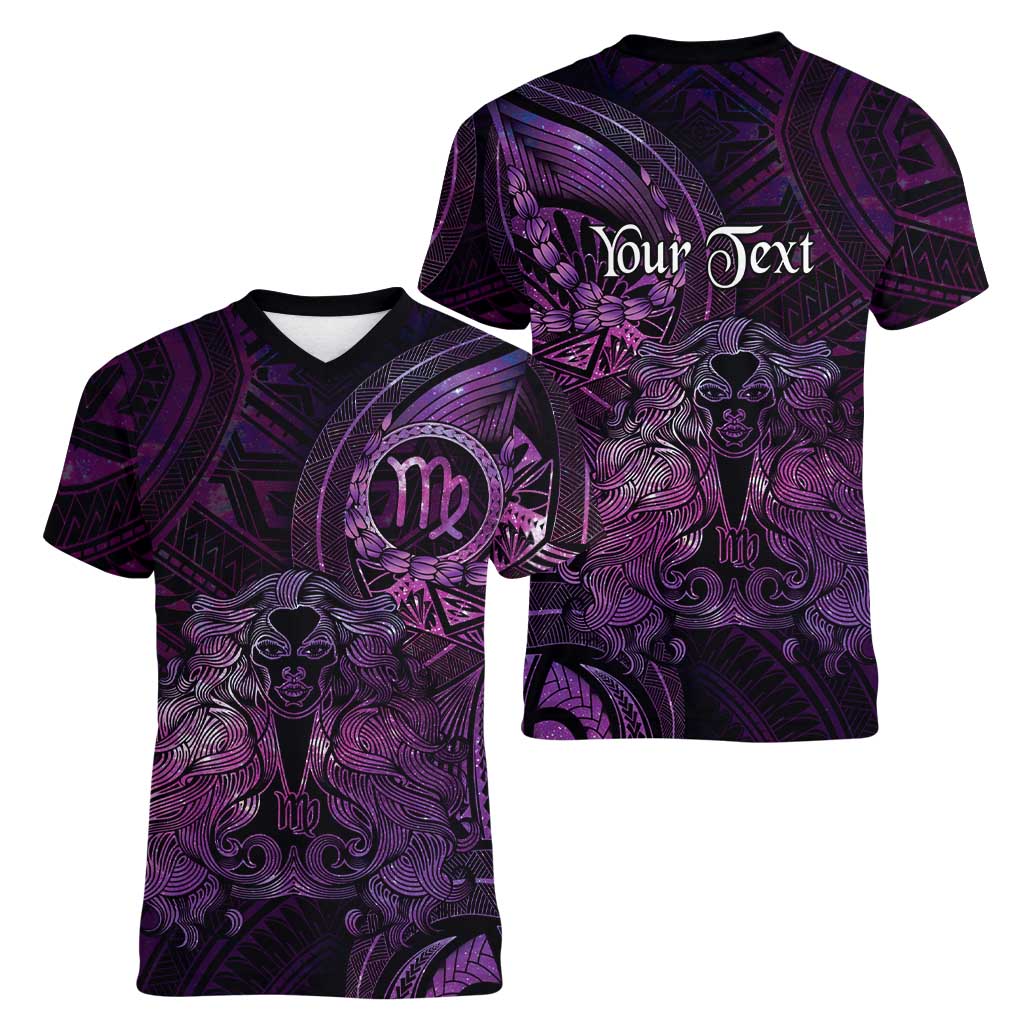 Personalised Polynesia Zodiac Virgo Women V-Neck T-Shirt Galaxy Polynesian Pattern Chest Tattoo Style LT14 - Polynesian Pride