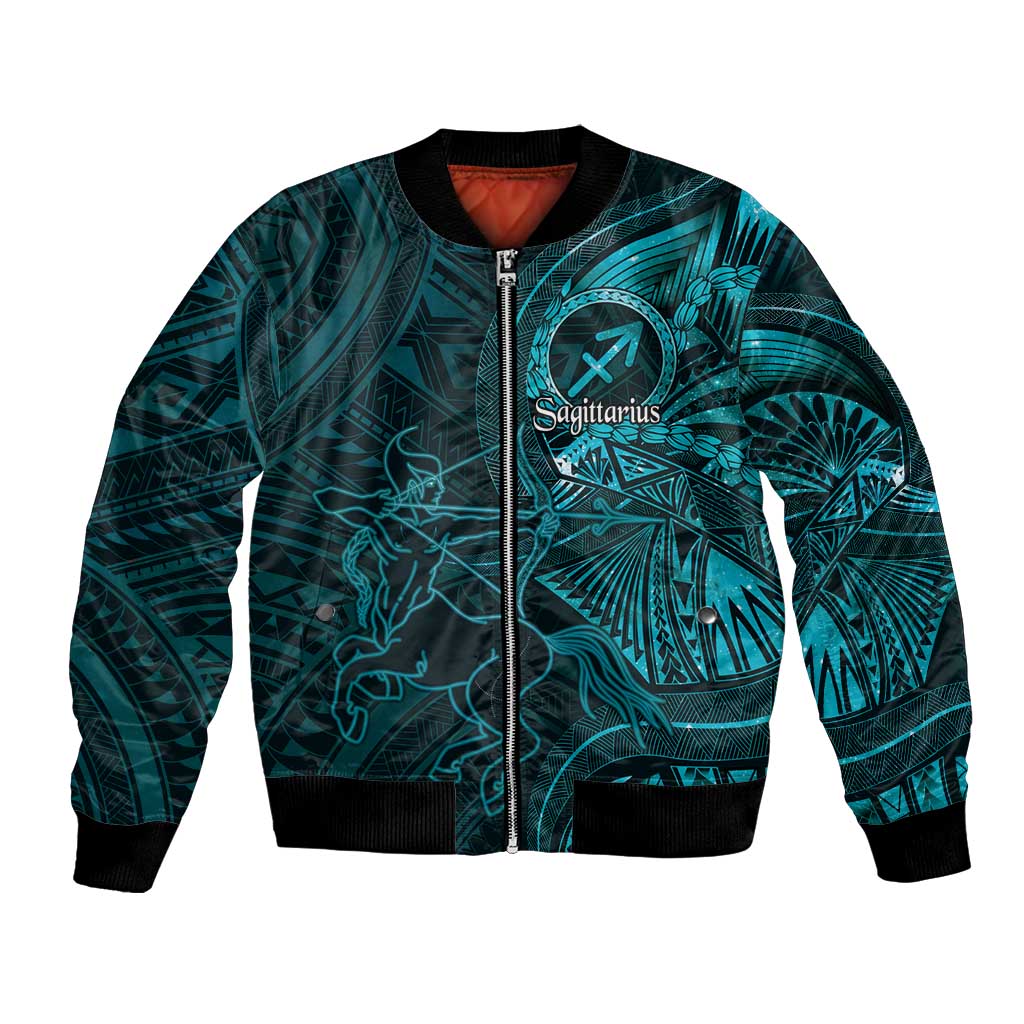 Personalised Polynesia Zodiac Sagittarius Bomber Jacket Galaxy Polynesian Pattern Chest Tattoo Style LT14 Unisex Cyan - Polynesian Pride