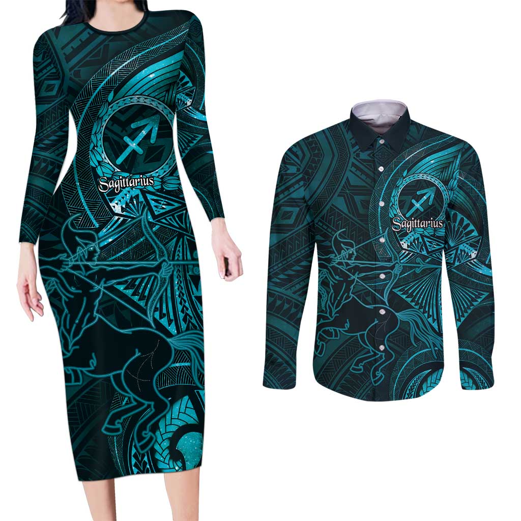 Personalised Polynesia Zodiac Sagittarius Couples Matching Long Sleeve Bodycon Dress and Long Sleeve Button Shirt Galaxy Polynesian Pattern Chest Tattoo Style